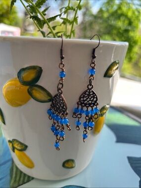 Artisan made Cobalt Blue Jade Beaded and Copper Dangle Earrings